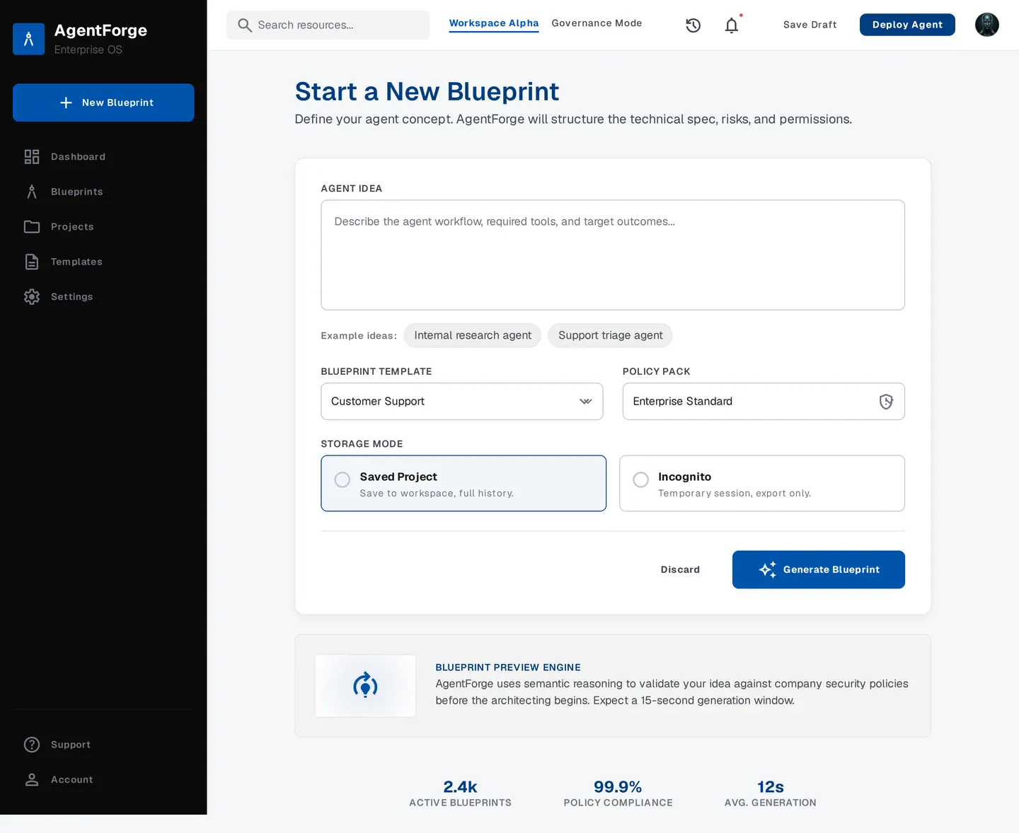 Saisie de blueprint AgentForge.